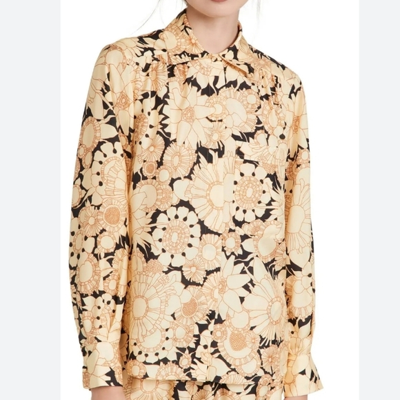 Rebecca Taylor Pop Art Floral Silk Blouse Butter Yellow Black Contemporary Chic - Picture 1 of 9
